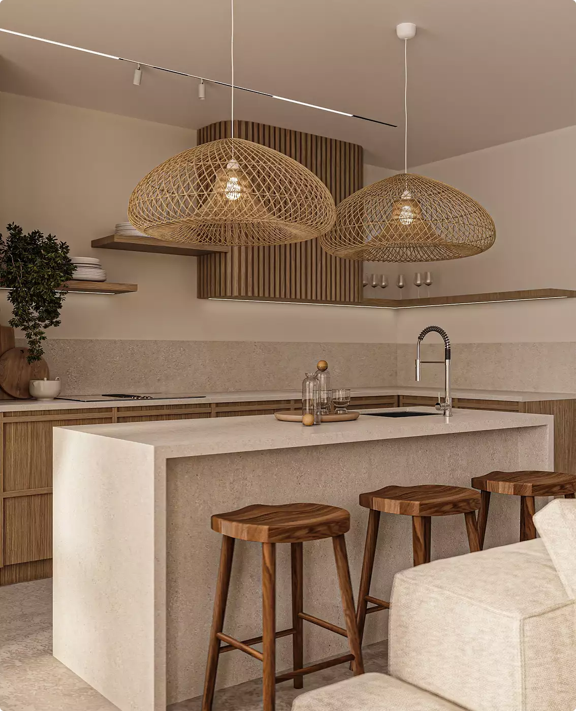 Keuken in het appartementinterieur met eiland, houten krukken en geweven hanglampen