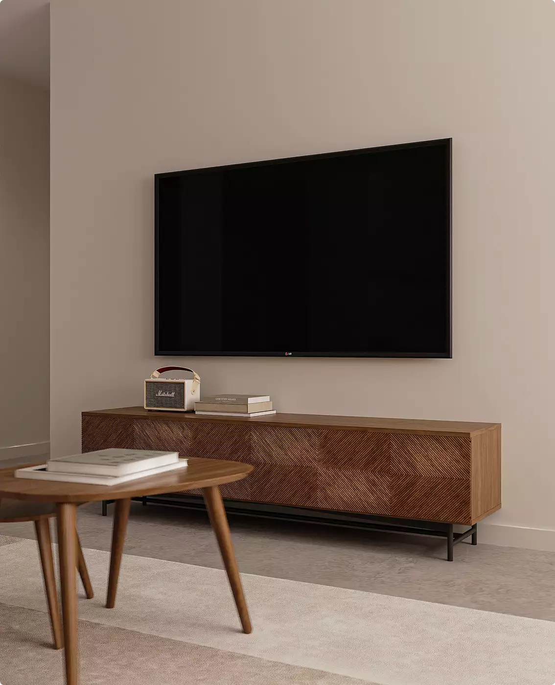 Virtueller Rundgang für Immobilien: Ablauf, Arten & Kosten Wohnzimmer einer Wohnung als 3D-Visualisierung für einen virtuellen Rundgang