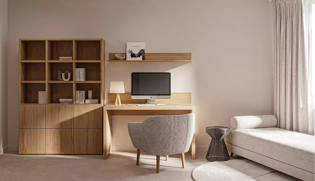 Minimale werkplek met houten bureau en wandplanken in het appartementinterieur