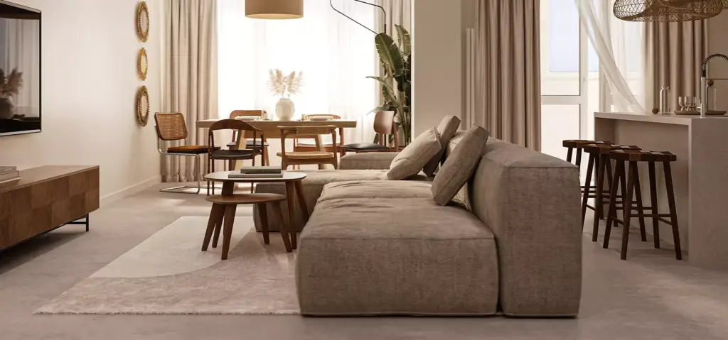 Open woon- en eetruimte in neutrale tinten in een japandi-appartementinterieur