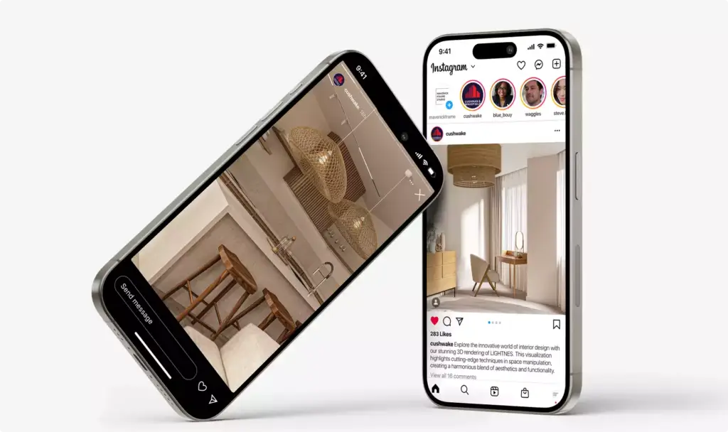 Twee smartphones met posts over het appartementinterieur op social media