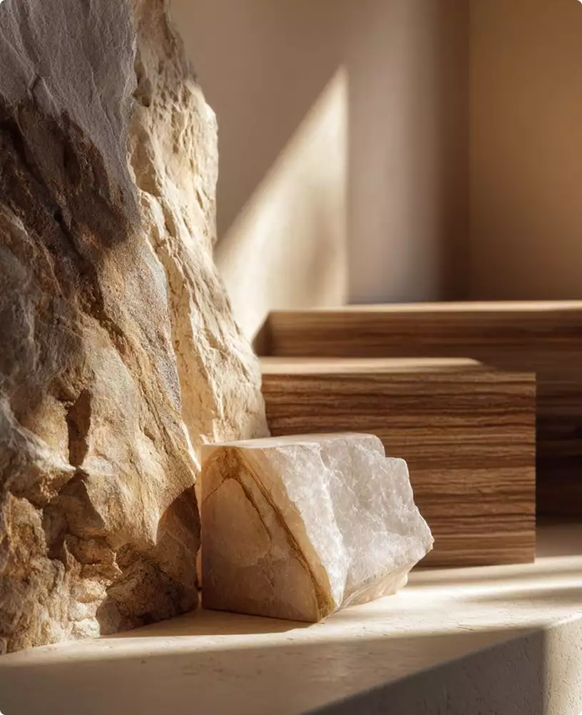 Decoratiedetail van steen en hout in zacht zonlicht in een japandi-appartementinterieur