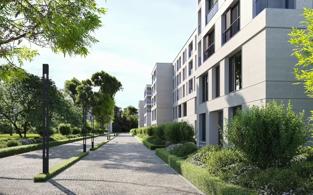 Apartment walkway with landscaping and white facade, ai software for rendering