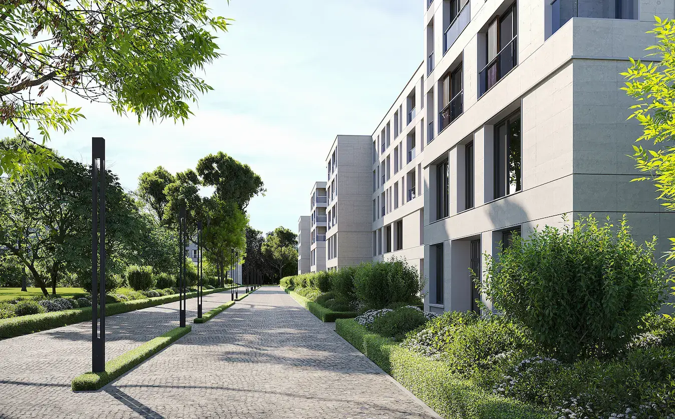Apartment walkway with landscaping and white facade, ai software for rendering