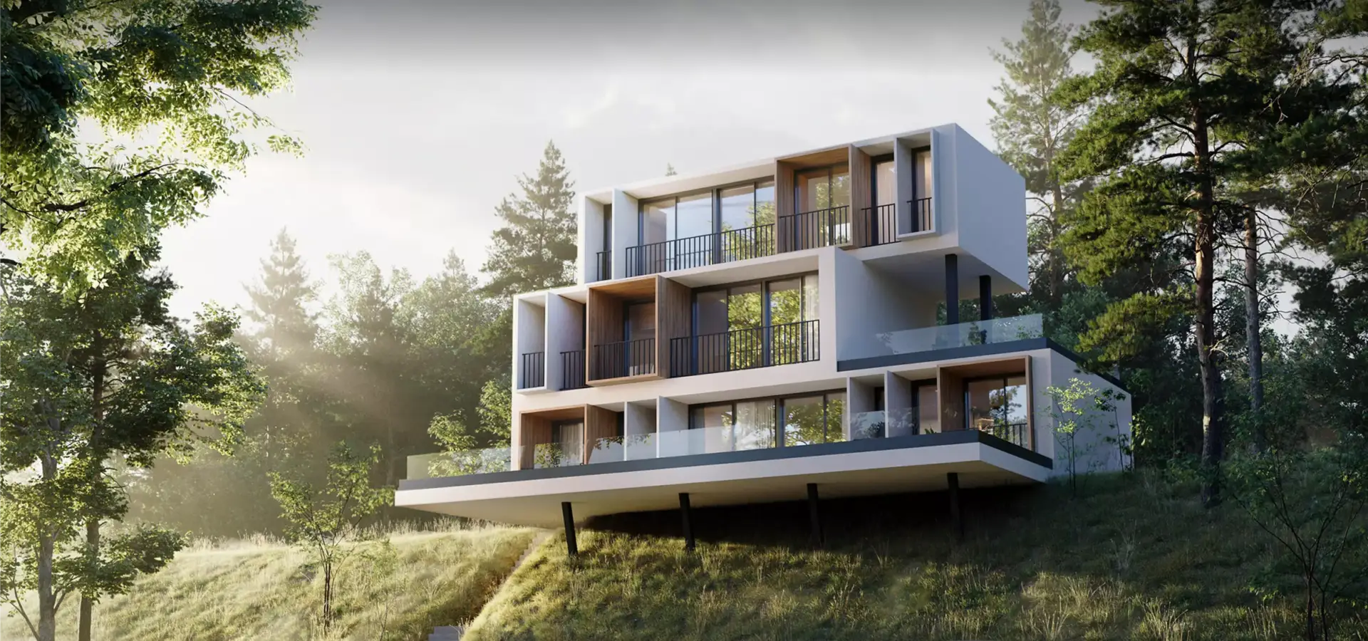 3D-Architekturmodell eines Hanghauses am Waldrand mit gestapelten Balkonen und Glasgeländern