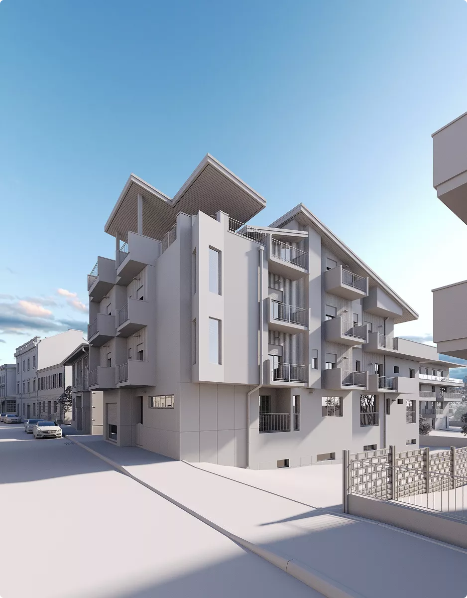 Architektur-3D-Modellierung eines Wohngebäudes mit Balkonen an einer ruhigen Stadtstraße