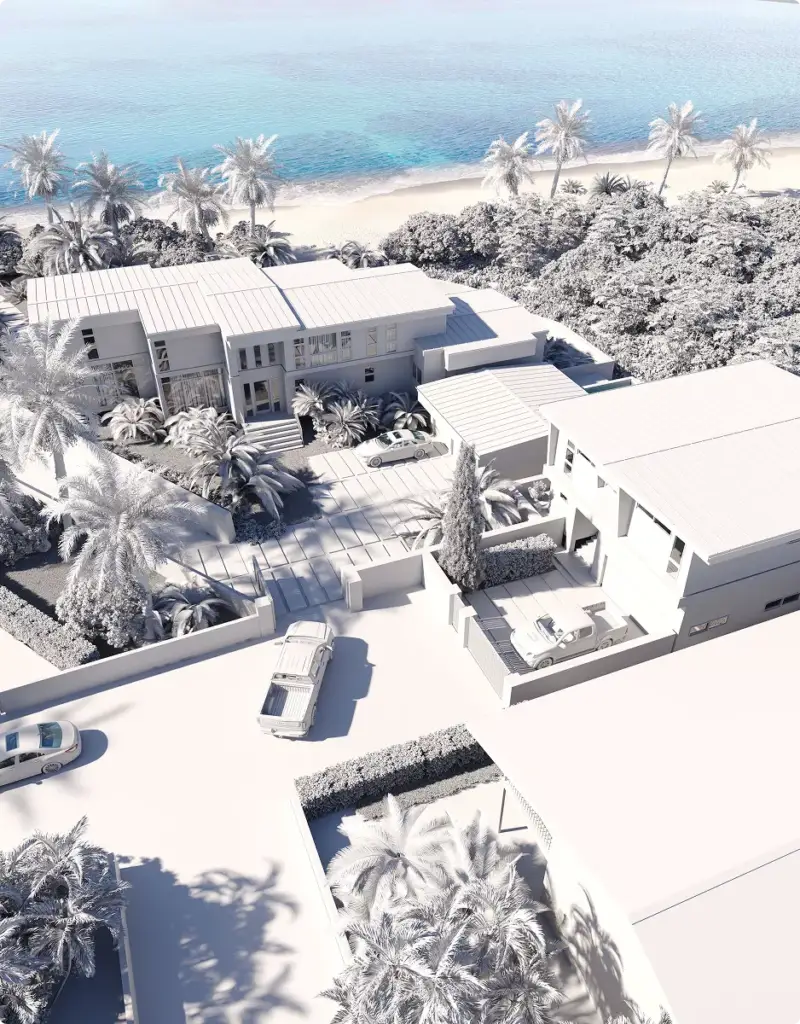 Architectural 3D Modeling Services for beachfront homes with palm trees, cars, and ocean view