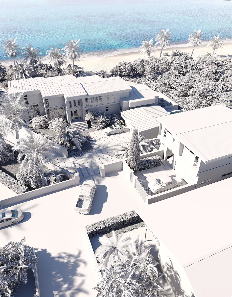Architektur-3D-Modellierung von Strandhäusern mit Palmen, Fahrzeugen und Meerblick
