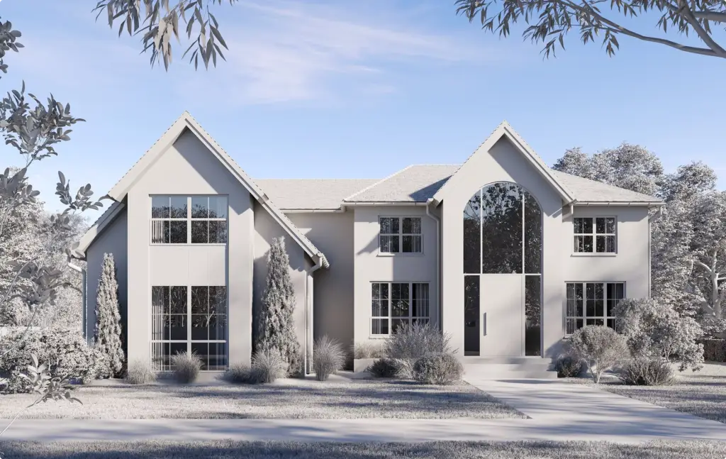 Architektur-3D-Modellierung eines klassischen Wohnhauses mit Bogeneingang und angelegtem Garten