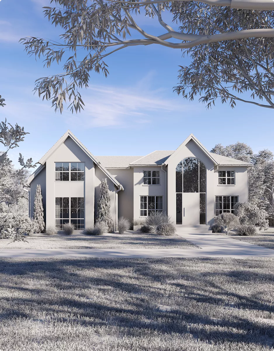 Architektur-3D-Modellierung eines klassischen Wohnhauses mit hohen Bäumen und Vorgarten