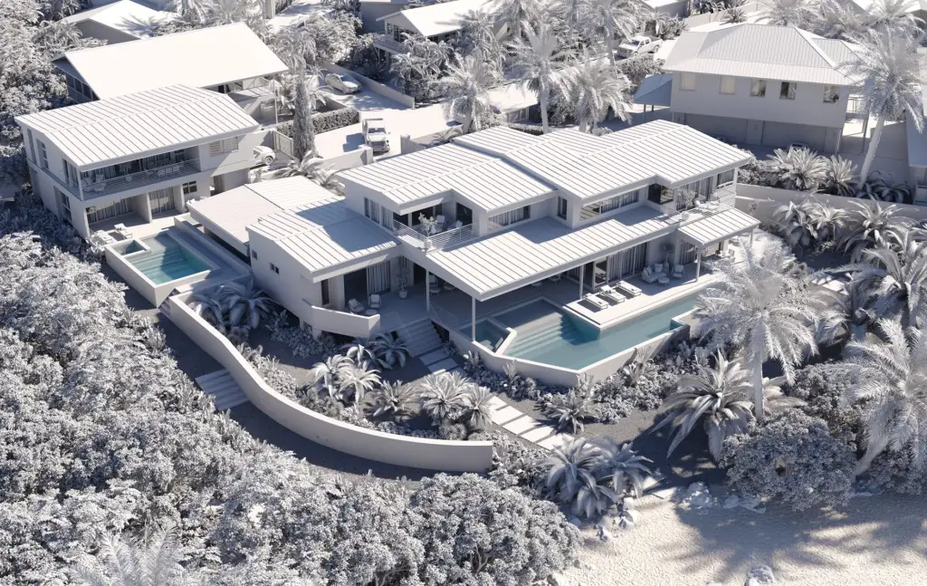 Architektur-3D-Modellierung von Küstenvillen mit Pools, Palmen und Strandbepflanzung