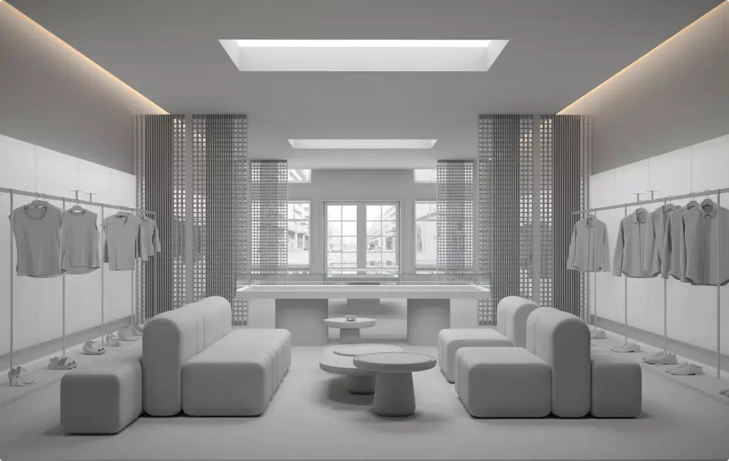 Architektur-3D-Modellierung einer minimalistischen Modeboutique mit Sofas und Kleiderständern