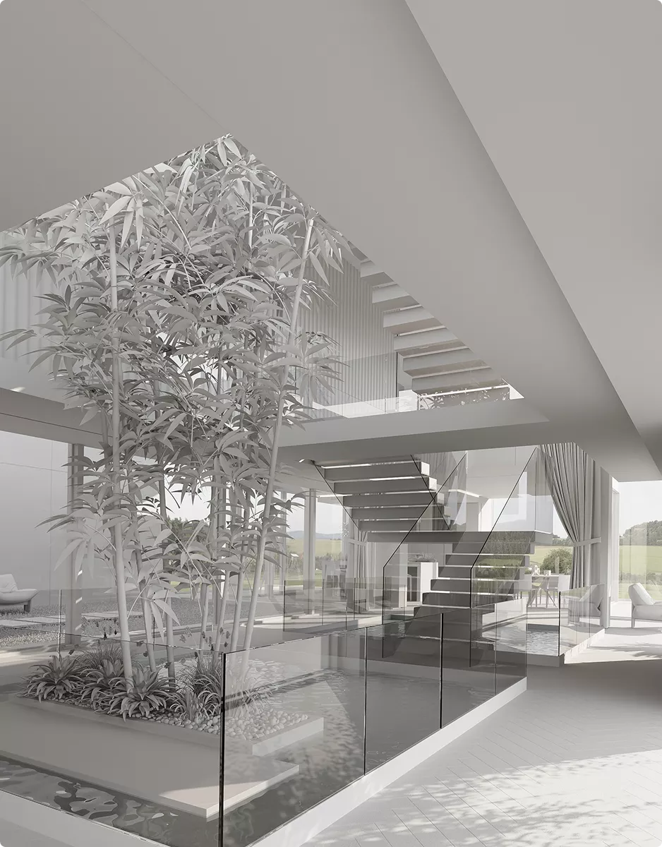 Architektur-3D-Modellierung eines modernen Atriums mit Bäumen, Glasgeländer und Treppe