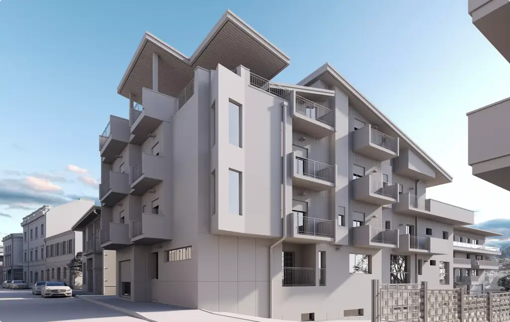 Architektur-3D-Modellierung eines mehrgeschossigen Gebäudes mit Balkonen im städtischen Umfeld