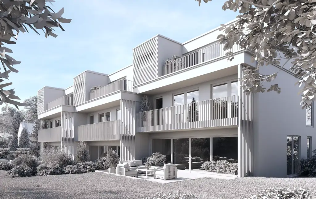 Architektur-3D-Modellierung moderner Wohnungen mit Balkonen, Terrassen und Rasenfläche