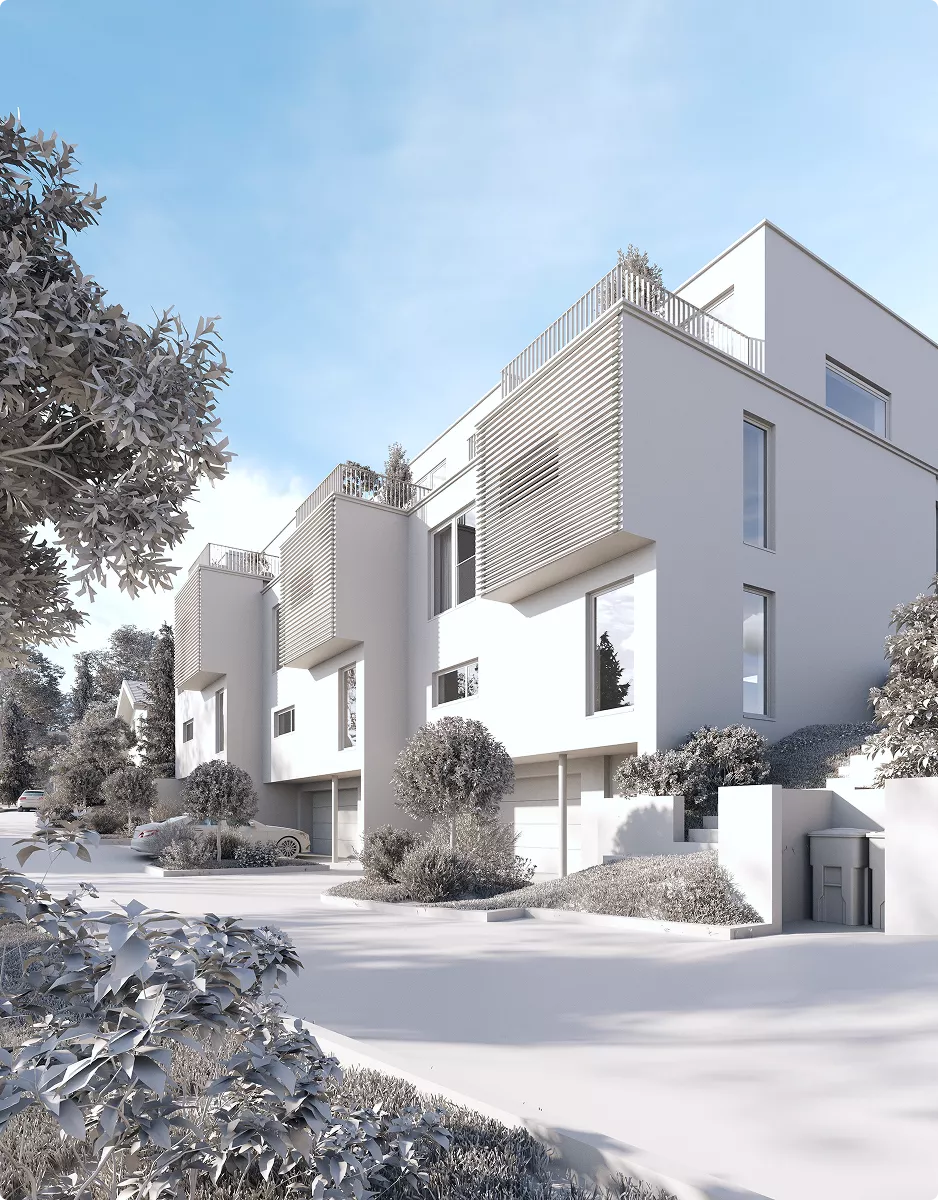 Architektur-3D-Modellierung moderner Reihenhäuser mit Dachterrassen und begrünter Straße