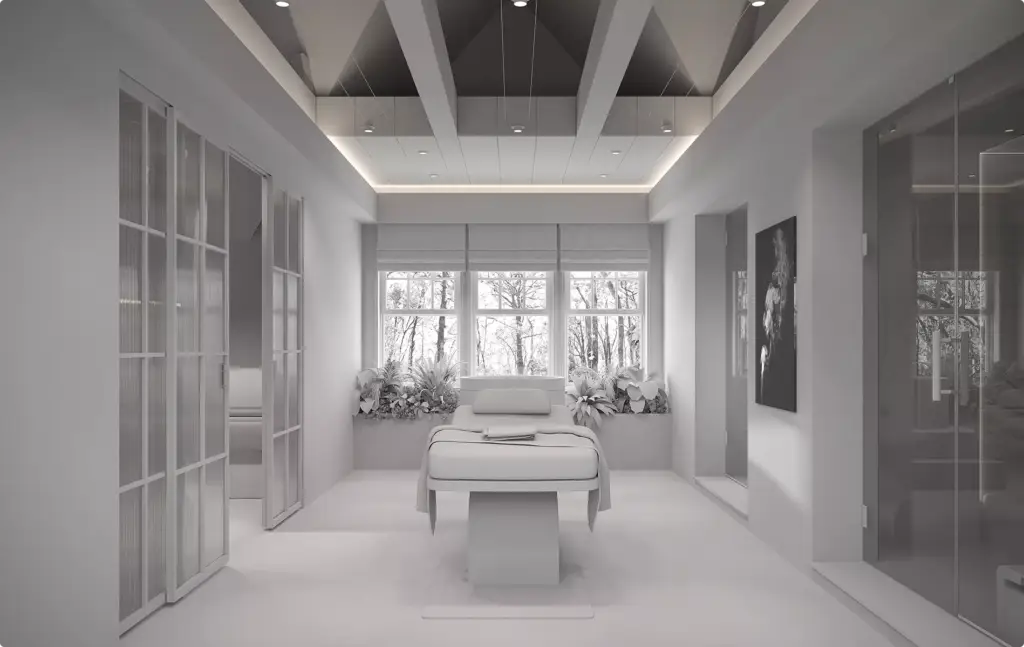 Architektur-3D-Modellierung eines hellen Spa-Raums mit Behandlungsliege, Pflanzen und Glastüren