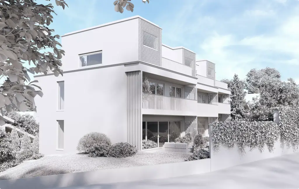 Architektur-3D-Modellierung weißer Reihenhäuser mit Balkonen, Sträuchern und Straßenansicht