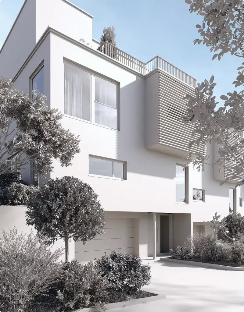 Row of white stucco townhouses in a 3D architectural rendering, echoing Regency terraces