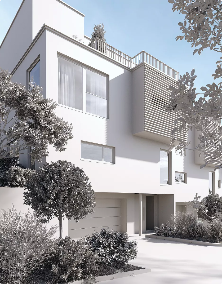 Architektur-3D-Modellierung weißer Stadthäuser mit Dachterrassen und Gartenzugang