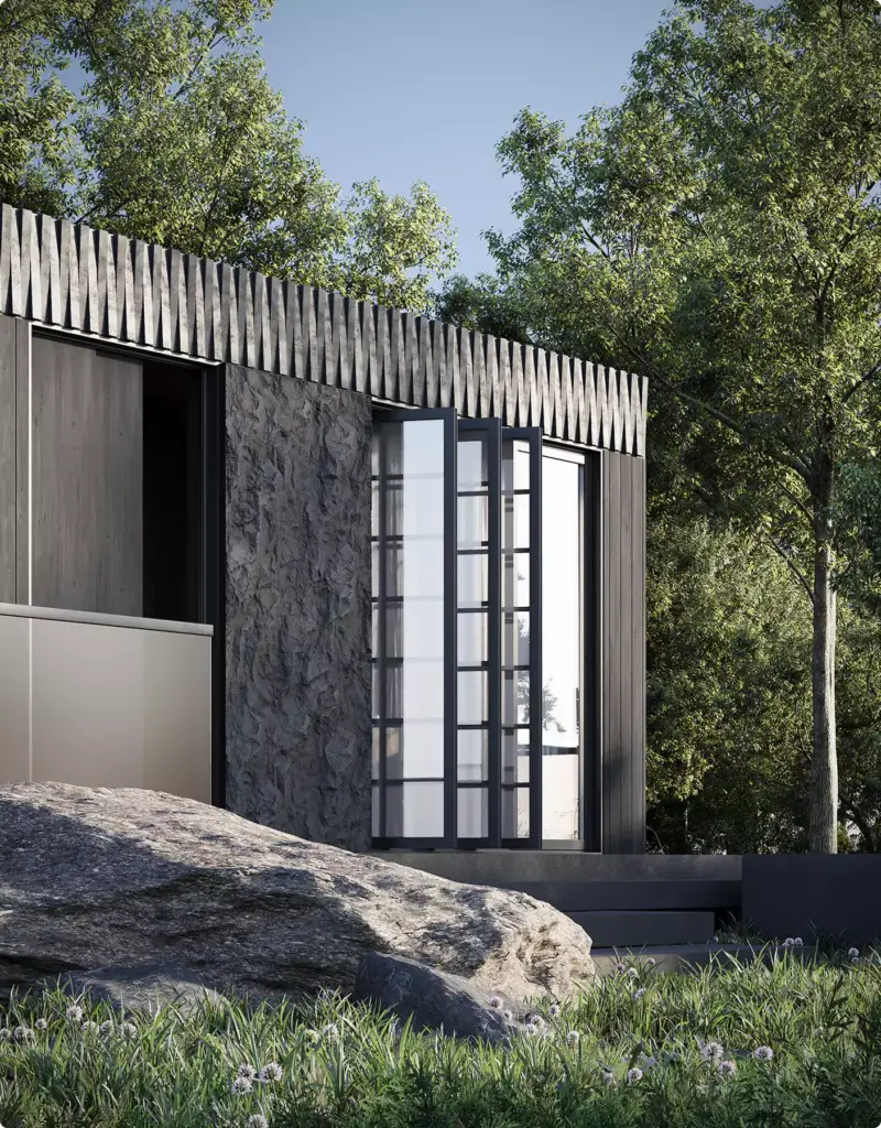 Rendu architectural extérieur : maison contemporaine à façade sombre, hautes portes vitrées et bloc rocheux dans l'herbe