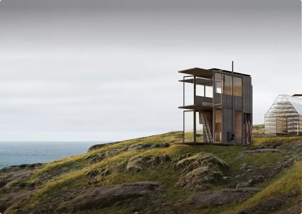 Kompakte moderne Hütte auf felsigem Küstenhügel mit Meerblick und Glaswänden, Architektur-Rendering