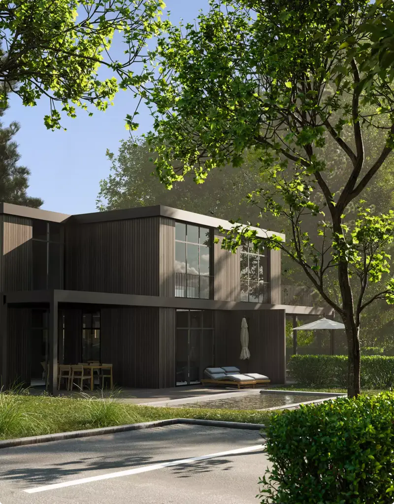 Rendu architectural : villa moderne à façade sombre, terrasse avec piscine le long d'une rue arborée