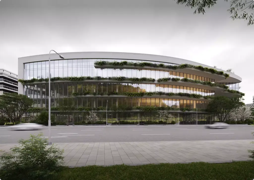 Modernes geschwungenes Bürogebäude aus Glas mit begrünten Terrassen an der Straße, Architektur-Rendering