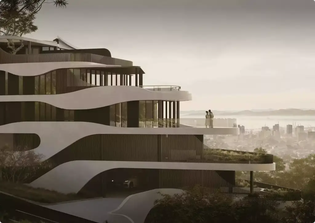 Geschwungenes modernes Mehrebenenhaus mit Terrassen und Blick auf die Skyline, Architektur-Rendering