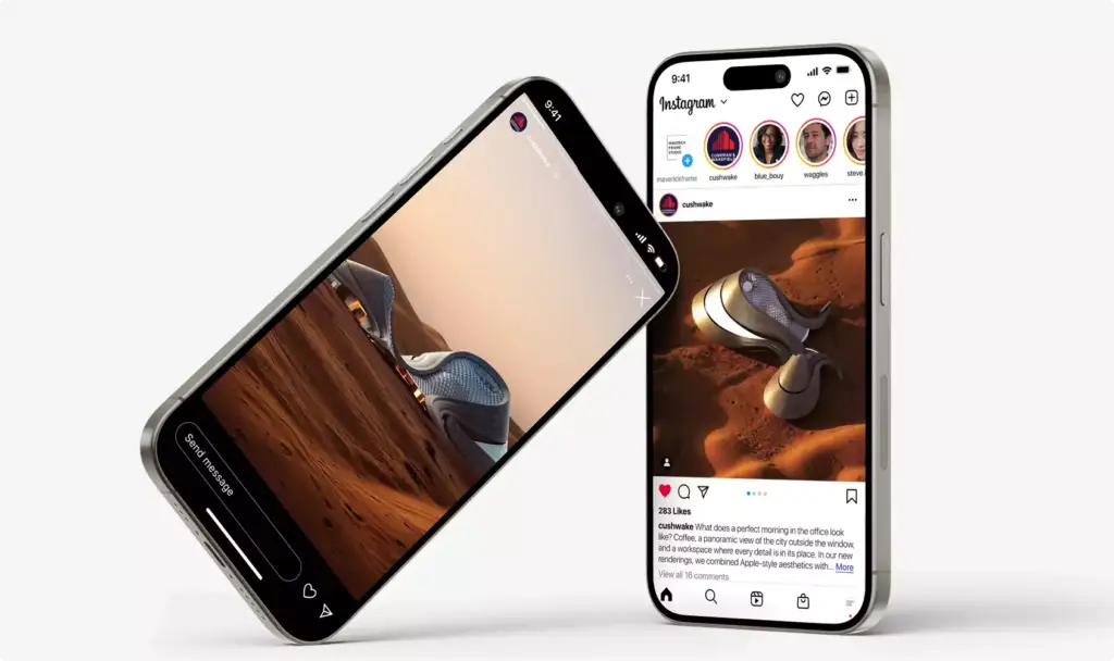 Render arquitectónico de la licitación mostrado en smartphones con el diseño del resort en el desierto