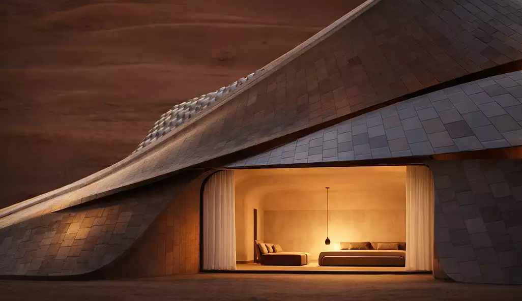 Render arquitectónico para licitación: habitación con fachada curva e iluminación interior cálida