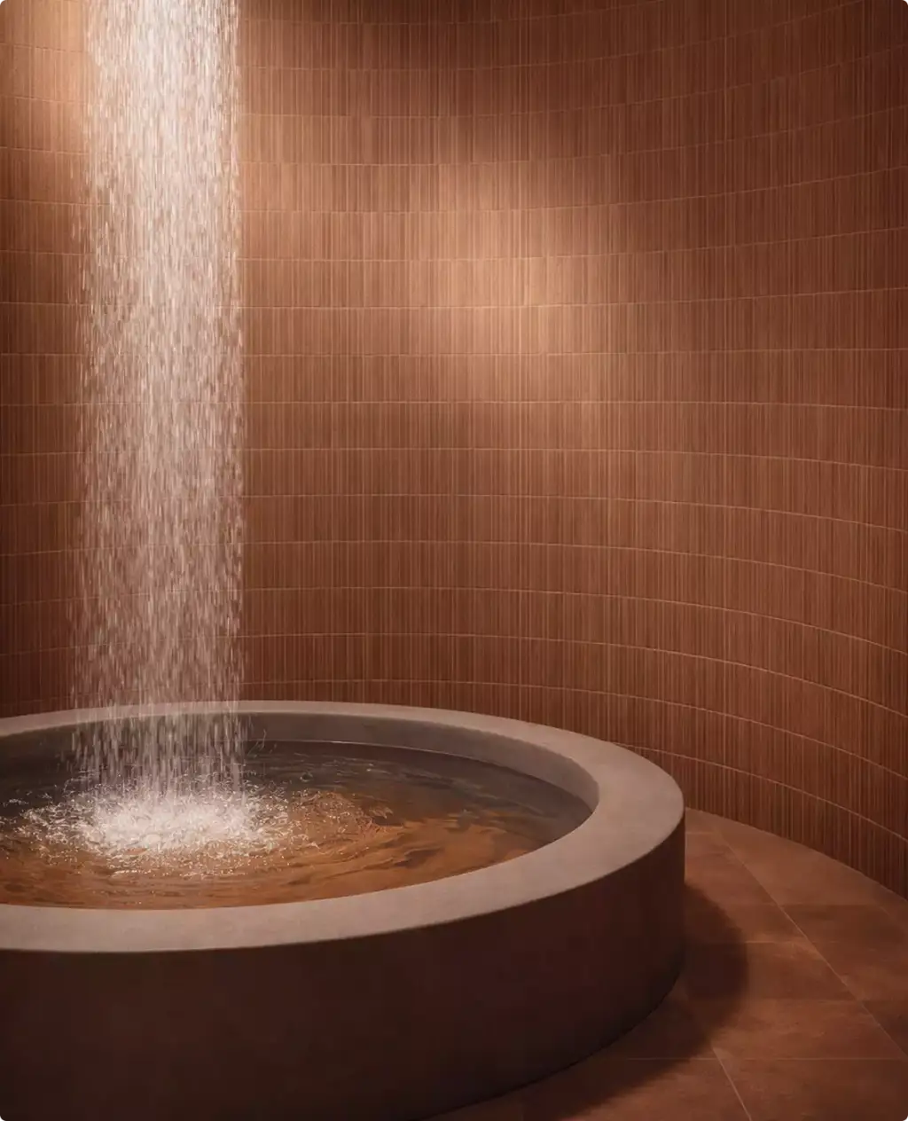 Spa pool with falling water under a curved clay ceiling in a desert hotel