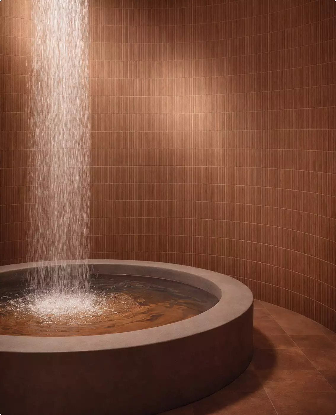 Piscina del spa en el render arquitectónico de la licitación, con agua en caída y pared curva alicatada