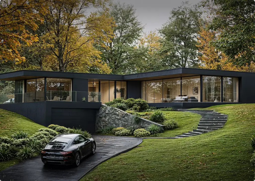 Modernes eingeschossiges Glashaus mit Flachdach und Zufahrt in gestalteter Gartenanlage, Architektur-Rendering