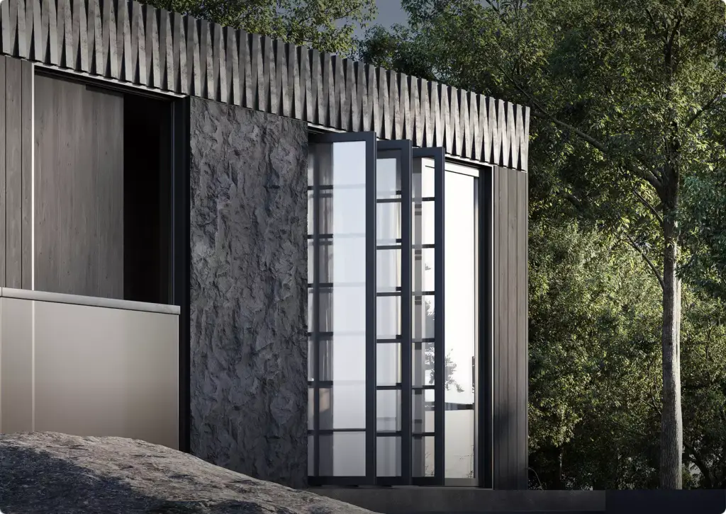 Moderne Hausfassade mit strukturierter Wand und hohen Glastüren im Wald, Architektur-Rendering