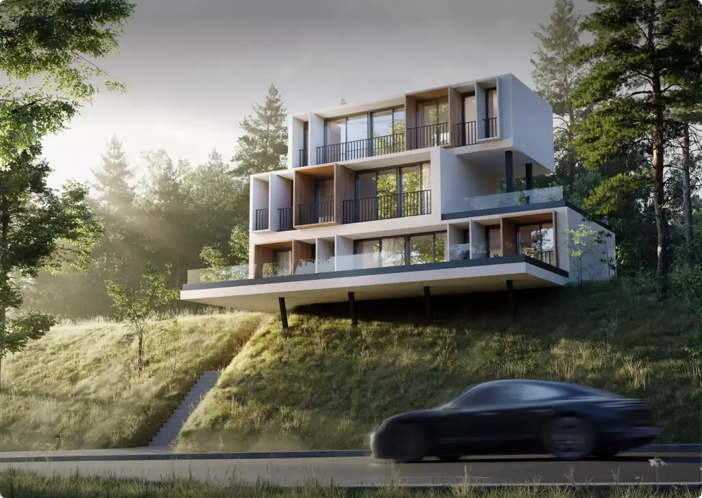 Modernes Modulhaus am Hang mit großen Fenstern und Balkonen im Wald, Architektur-Rendering