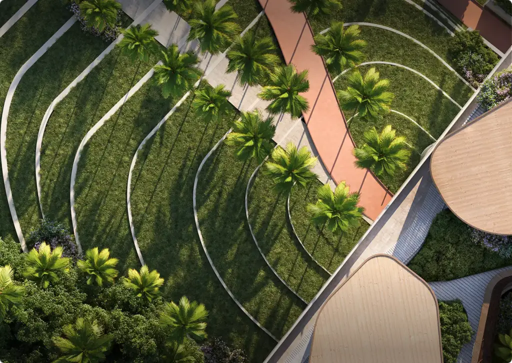 Draufsicht auf eine Parkanlage mit geschwungenen Wegen und Palmen mit Schattenwurf, Architektur-Rendering
