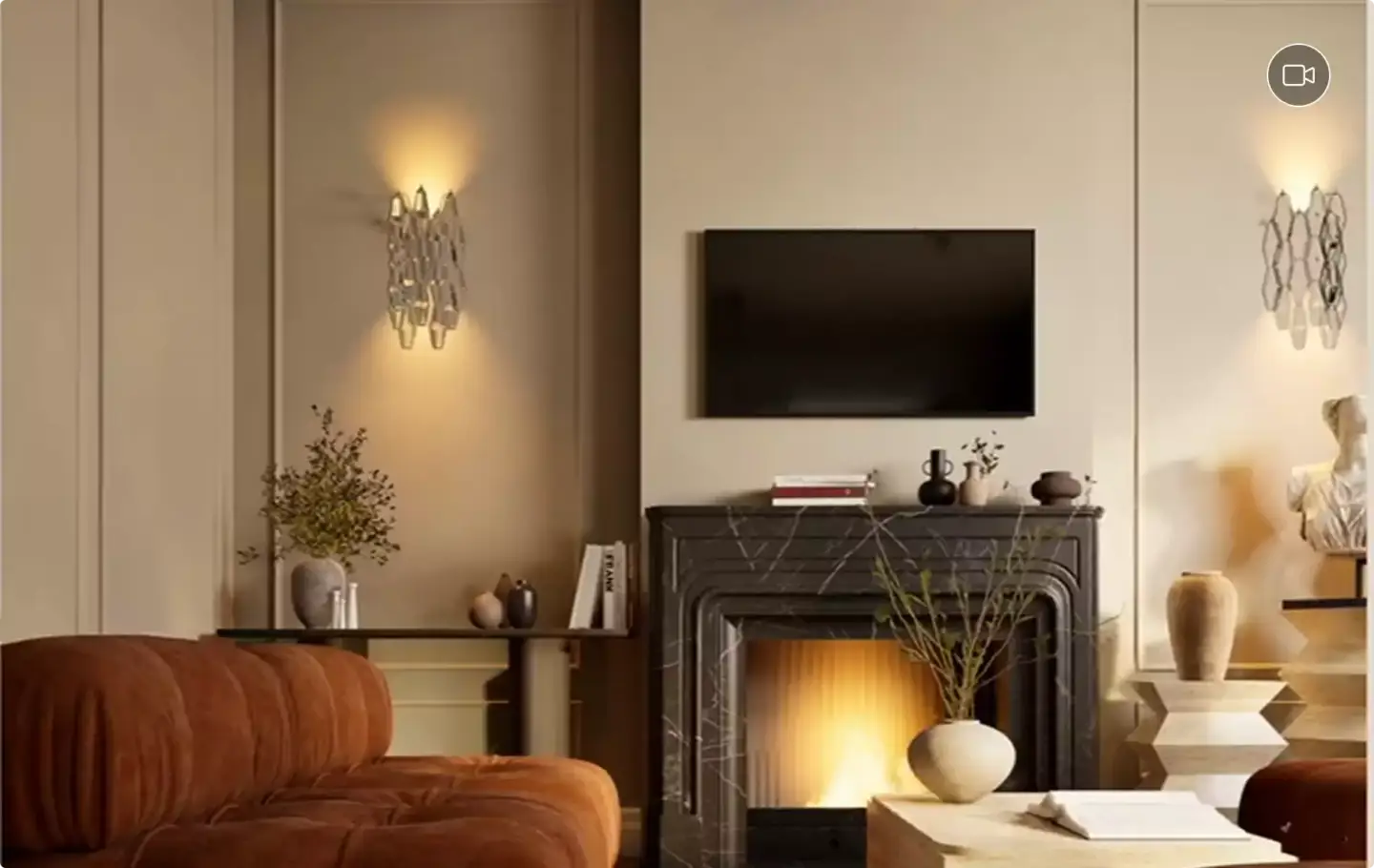 Warm living room render with fireplace and rust-toned sofa, illustrating a lighter modern Tuscan palette
