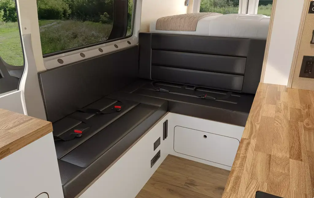 Camper van interior with bench seating and wood flooring, Automotive Rendering Service