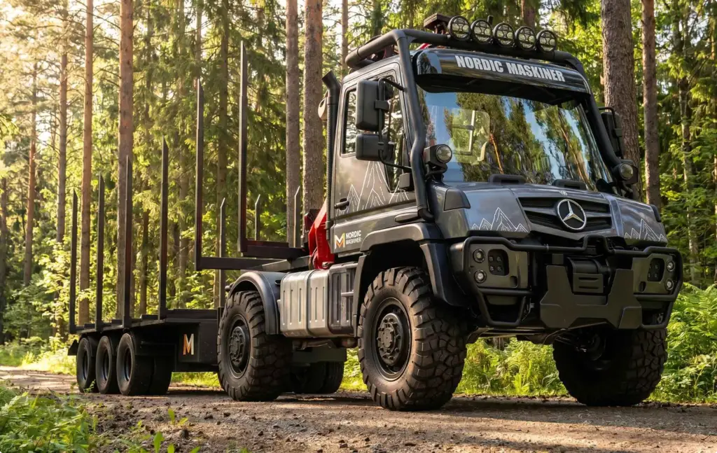 Forestry truck trailer parked in sunlit pine forest, Automotive Rendering Service