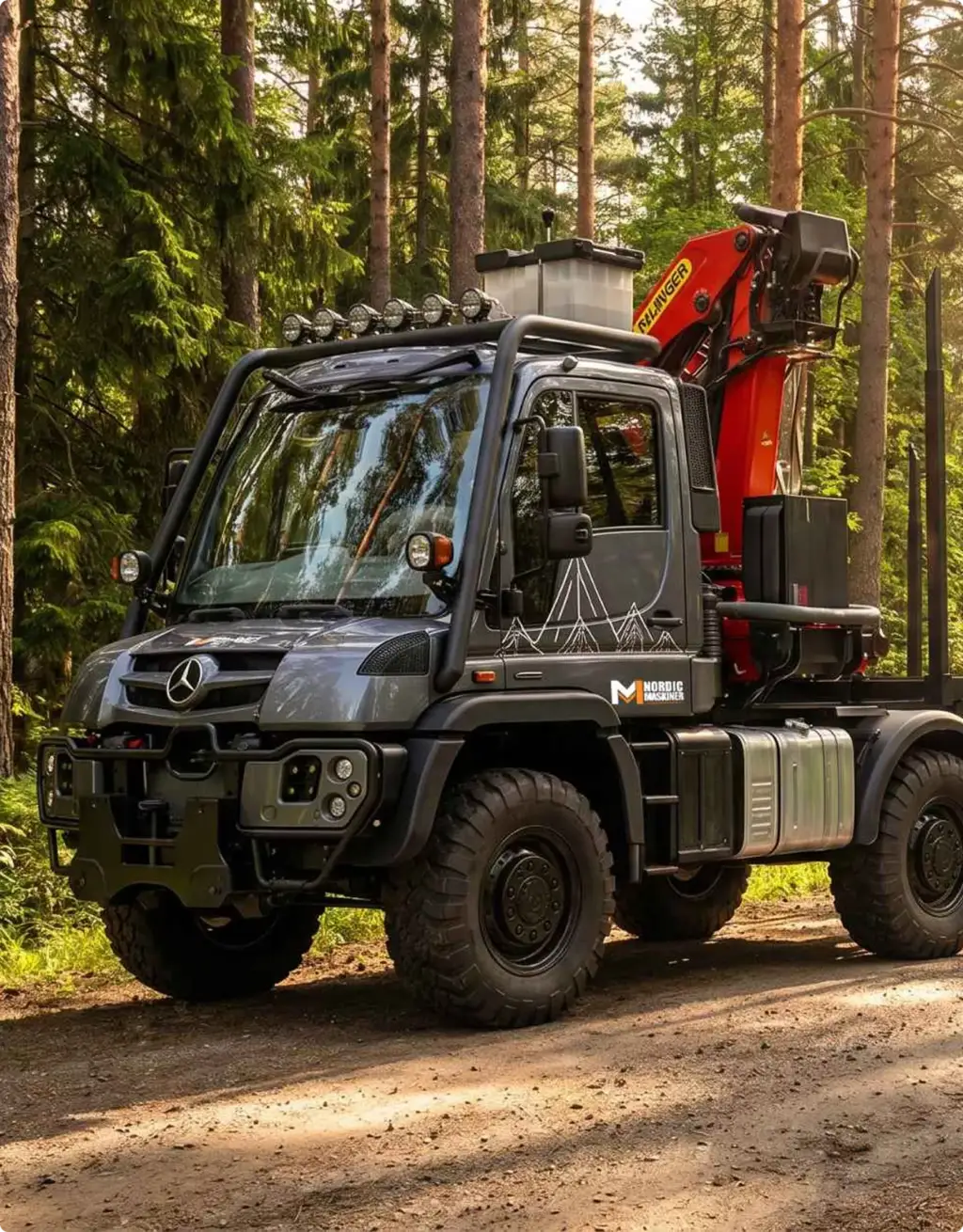 Mercedes forestry truck parked on dirt road in pine forest, Automotive Rendering Service
