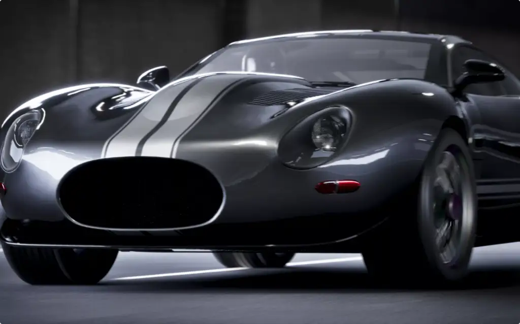Gray sports car with white racing stripes in dark studio, Automotive Rendering Service