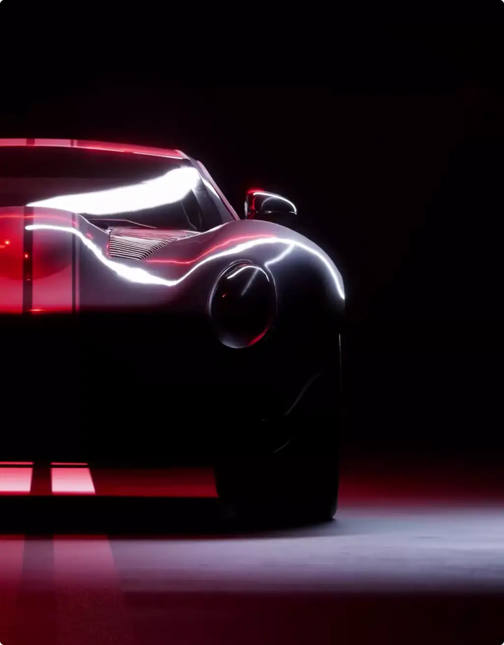 Sports car front under red and white studio lighting, Automotive Rendering Service