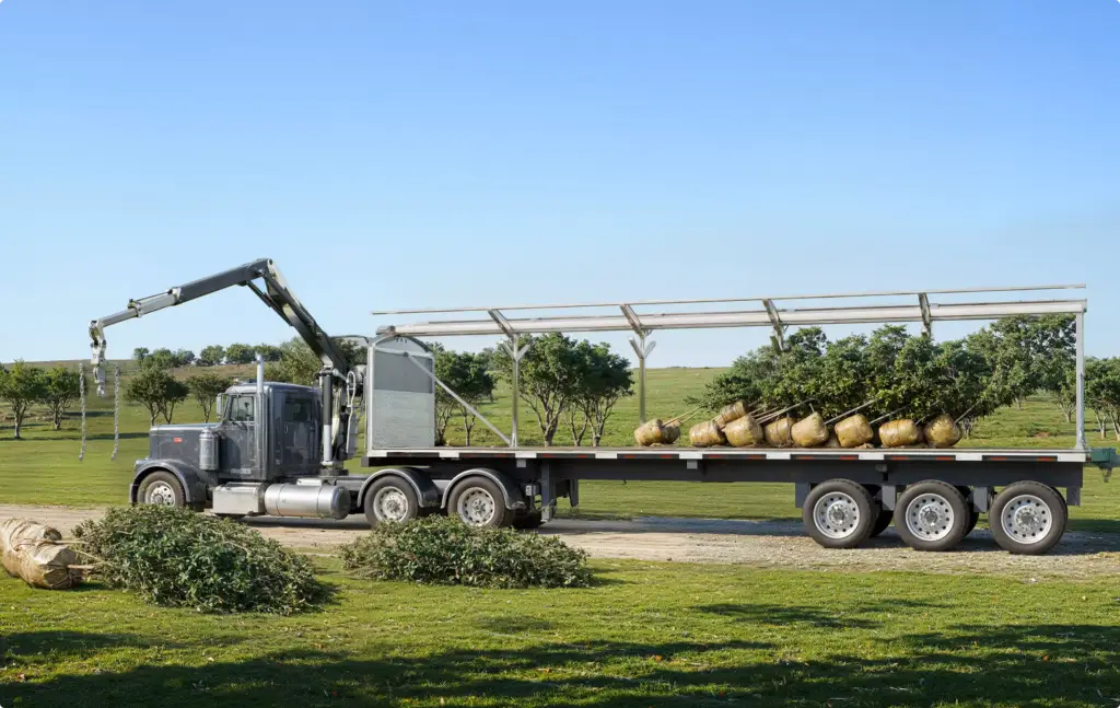 Flatbed truck carrying wrapped trees beside crane arm, Automotive Rendering Service