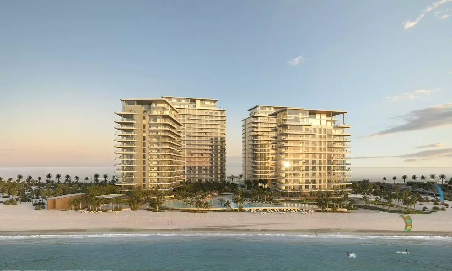 Best 3D Rendering Companies in the USA for Architectural Visualization & Real Estate in 2026 Beachfront twin towers resort, 3D rendering company USA, pool, sand and ocean view