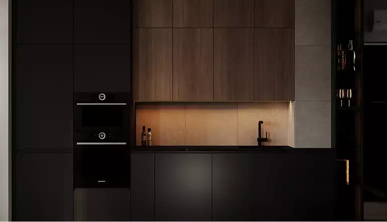 Moderne keukenwand met zwarte kasten, oven en warm achtergrondlicht, zwart interieurontwerp