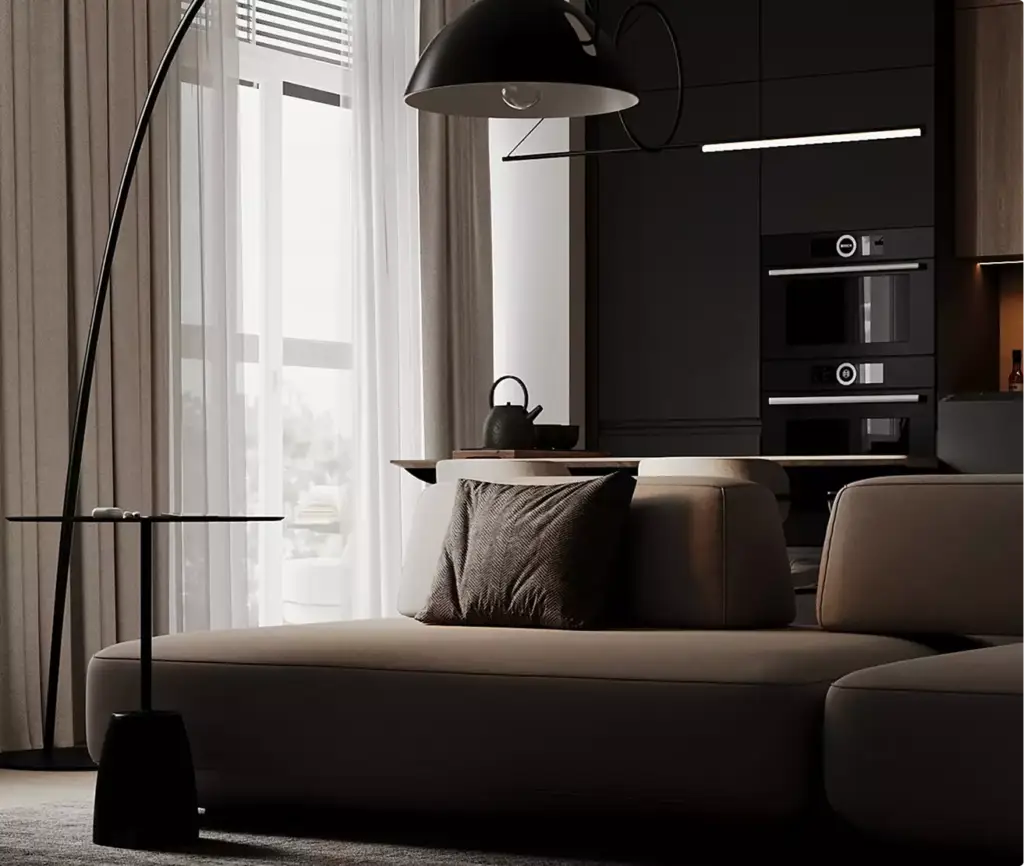 Bank in de woonkamer met kussen en vloerlamp bij het raamlicht, zwart interieurontwerp