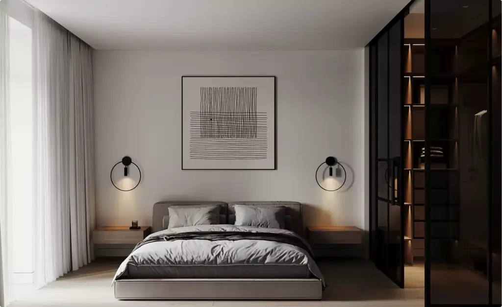 Sobere slaapkamer met laag bed, wandlampen en glazen kledingkast in neutrale tinten, zwart interieurontwerp