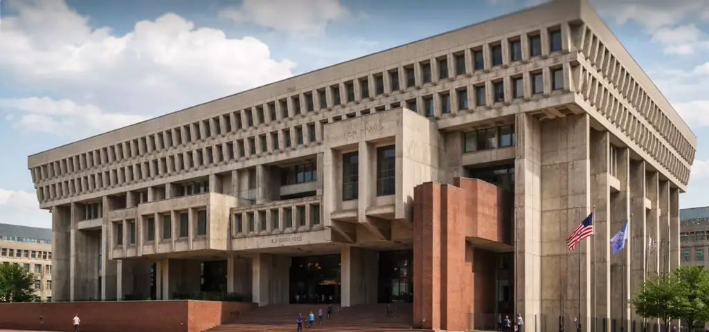 Edificio pubblico in calcestruzzo a vista ripreso d