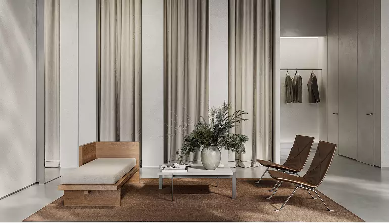 3D-visualisatie van kledingwinkel met loungehoek, bank, stoelen, gordijnwand en neutraal interieurontwerp